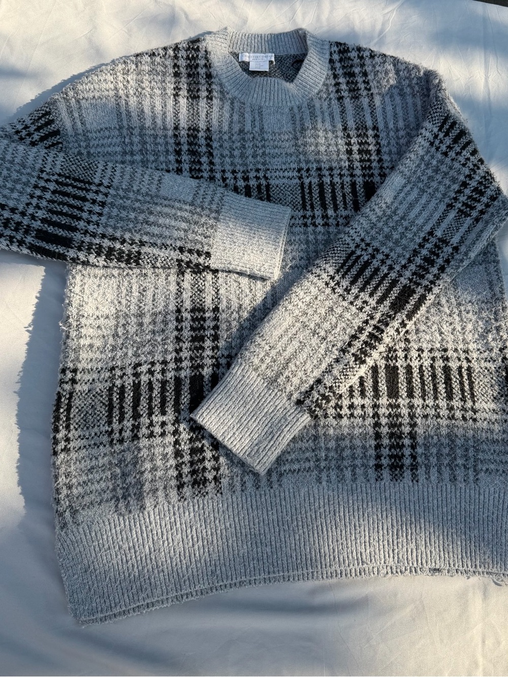 Christian Siriano Gray and Black Plaid Crewneck Sweater